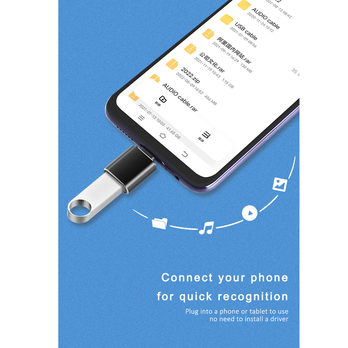 FT-ADA27 Type-C to USB Adapter plugged into smartphone for instant USB flash drive recognition and file access.